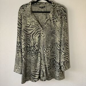 Boho Chic Gold Paisley Animal Print Artsy Bohemian Disco Oversized Blouse M